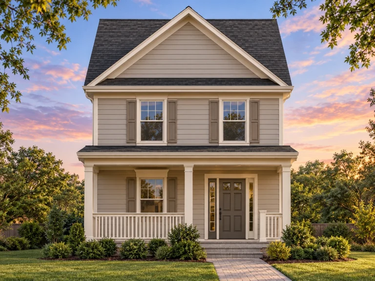 House Plans with Terrace 11 Front elevation of a Traditional Colonial style house featuring beige horizontal siding, black shutters, and a centered entry door under a small covered porch