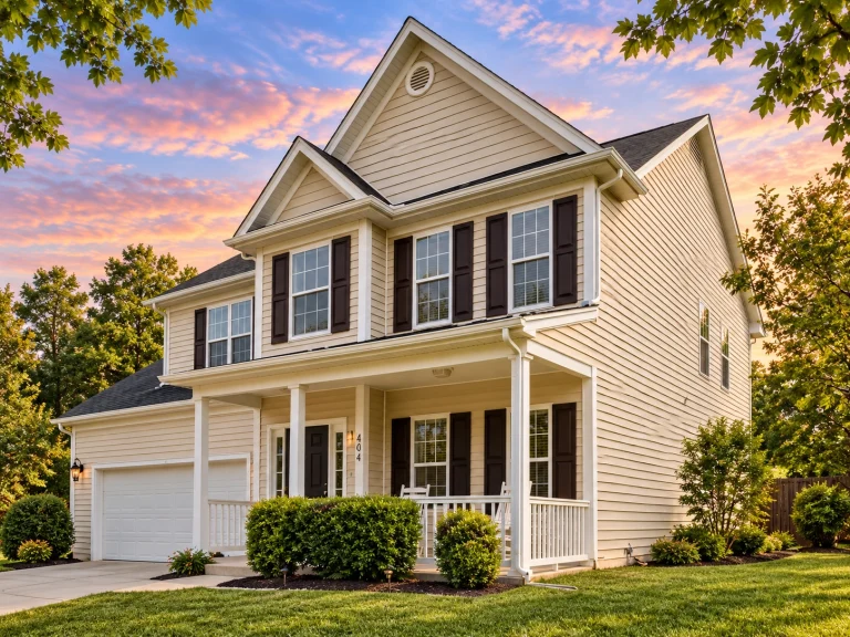 Front elevation of a Traditional Colonial style home featuring light-toned horizontal siding, dark shutters, stone accents, and a symmetrical entry design.