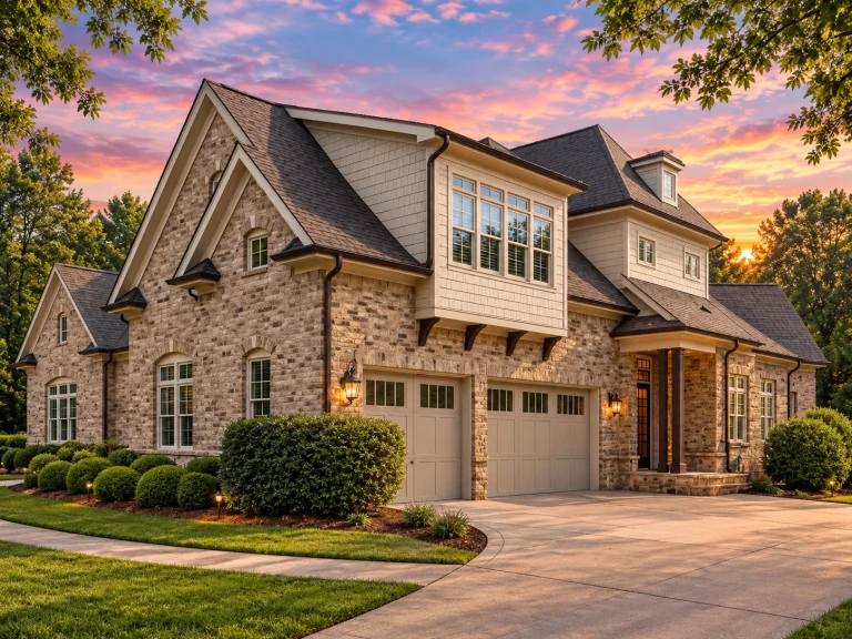 Garage Workshop Plans 1 Front exterior view of a New American Craftsman style house featuring stone veneer, horizontal siding, gabled rooflines, and an attached garage