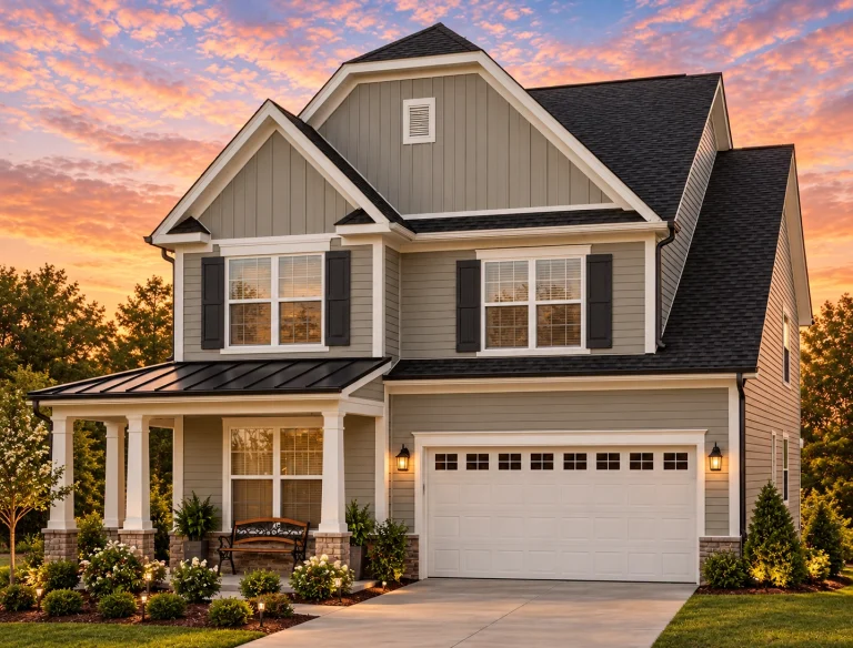 Front elevation of a Modern Farmhouse style home featuring board and batten siding, gabled rooflines, covered front porch, and attached two-car garage