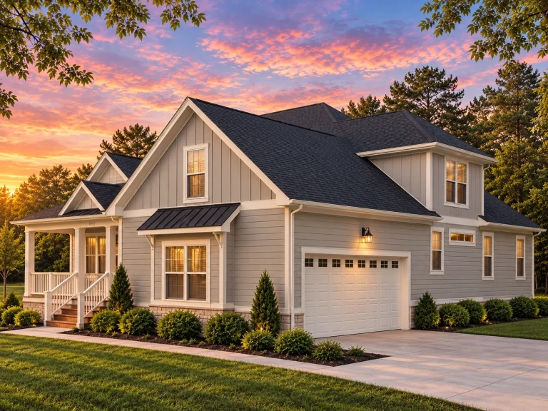 House Plans with Bedrooms on Upper Floor 23 Front view of a Traditional Craftsman style house featuring gray horizontal lap siding with vertical board and batten accents and a gable roof design