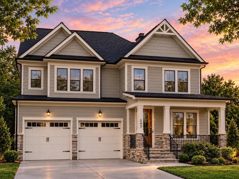 House Plans with Outdoor Kitchen 18 Front elevation of a Traditional two-story home featuring stone and horizontal siding exterior, black-framed windows, and double front-entry garage