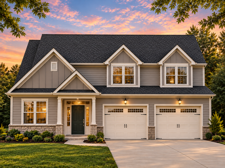 Front view of a Traditional Colonial style home featuring horizontal lap siding, stone accents, symmetrical windows, and a two-car garage
