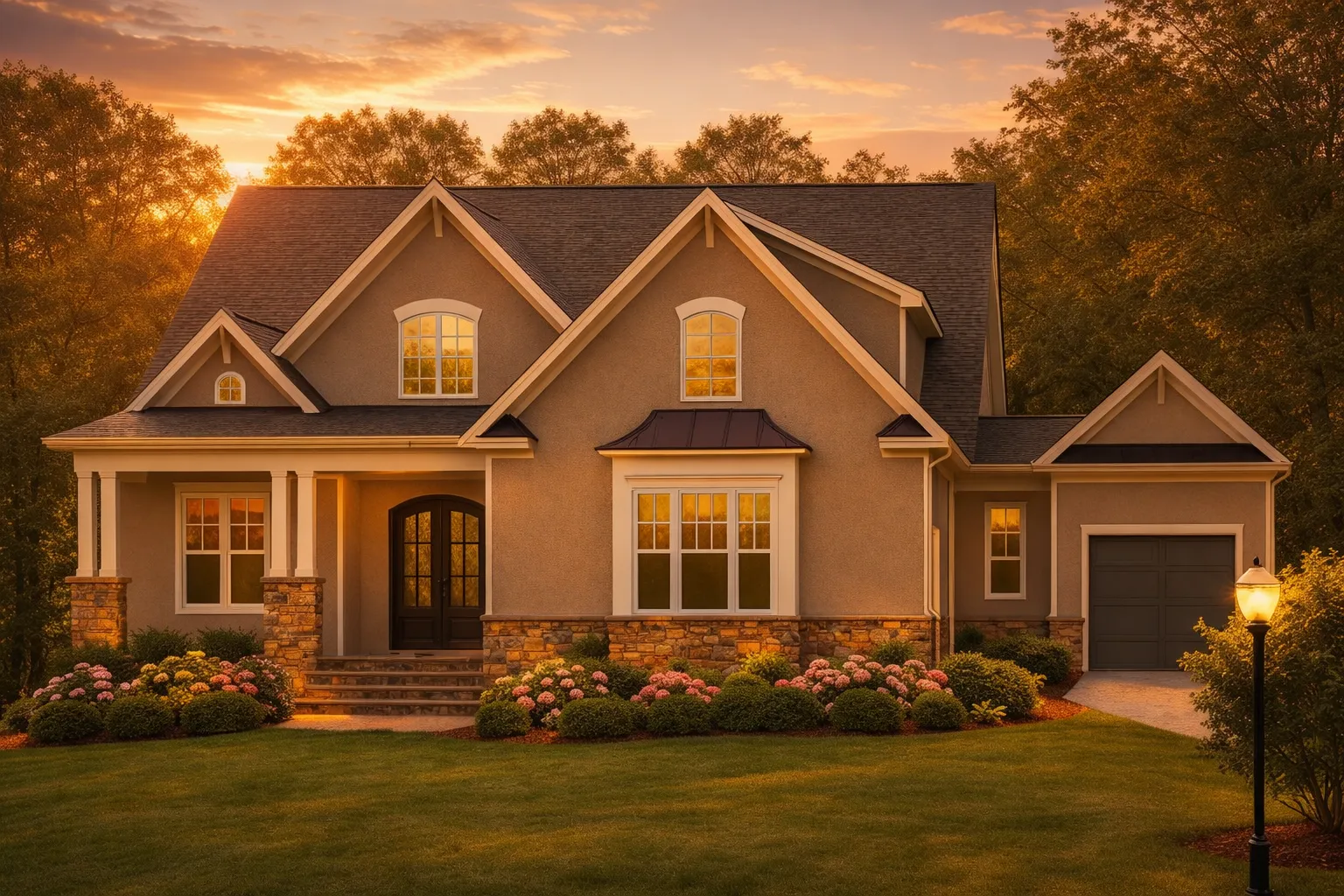 Structure Type 9 Front elevation of a New American Traditional style house featuring horizontal siding, stone veneer accents, gabled rooflines, and Craftsman-inspired details