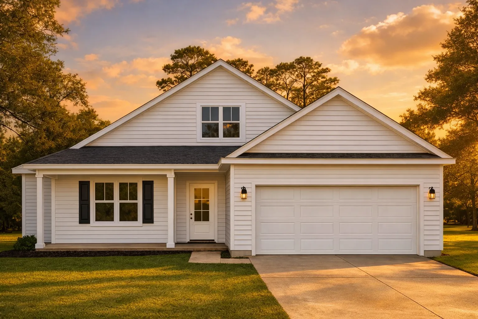 Front exterior of a Traditional Ranch style home with white horizontal lap siding, gable roof, covered front porch, and attached two-car garage