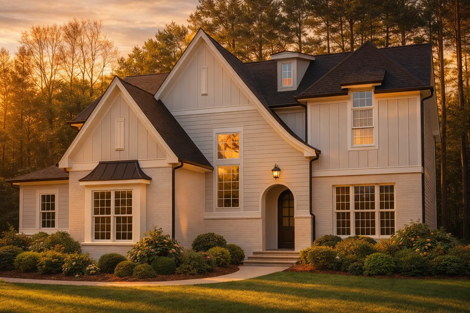 Front exterior of a New American Modern Traditional house featuring painted brick, board and batten siding, steep gables, and symmetrical window design