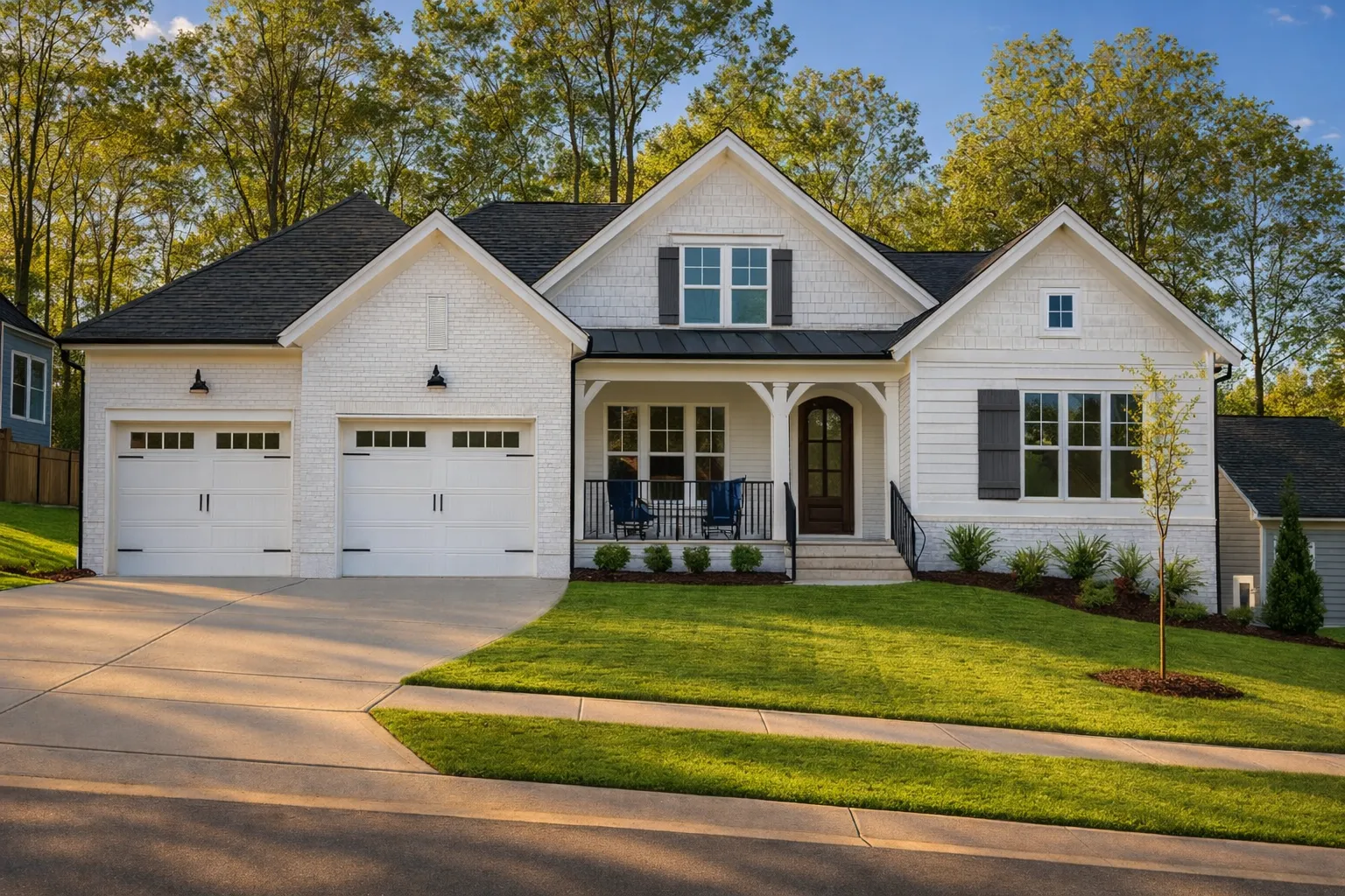 Front exterior view of a New American Modern Traditional house with board and batten siding, stone accents, gabled rooflines, and an attached two-car garage