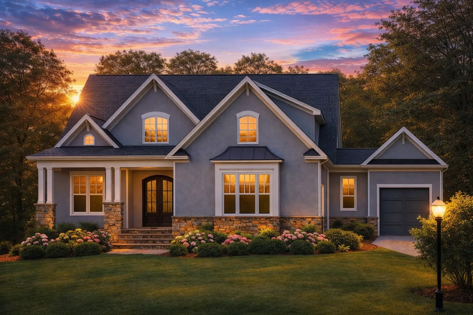 Front elevation of a New American Traditional style house featuring horizontal siding, stone veneer accents, gabled rooflines, and Craftsman-inspired details
