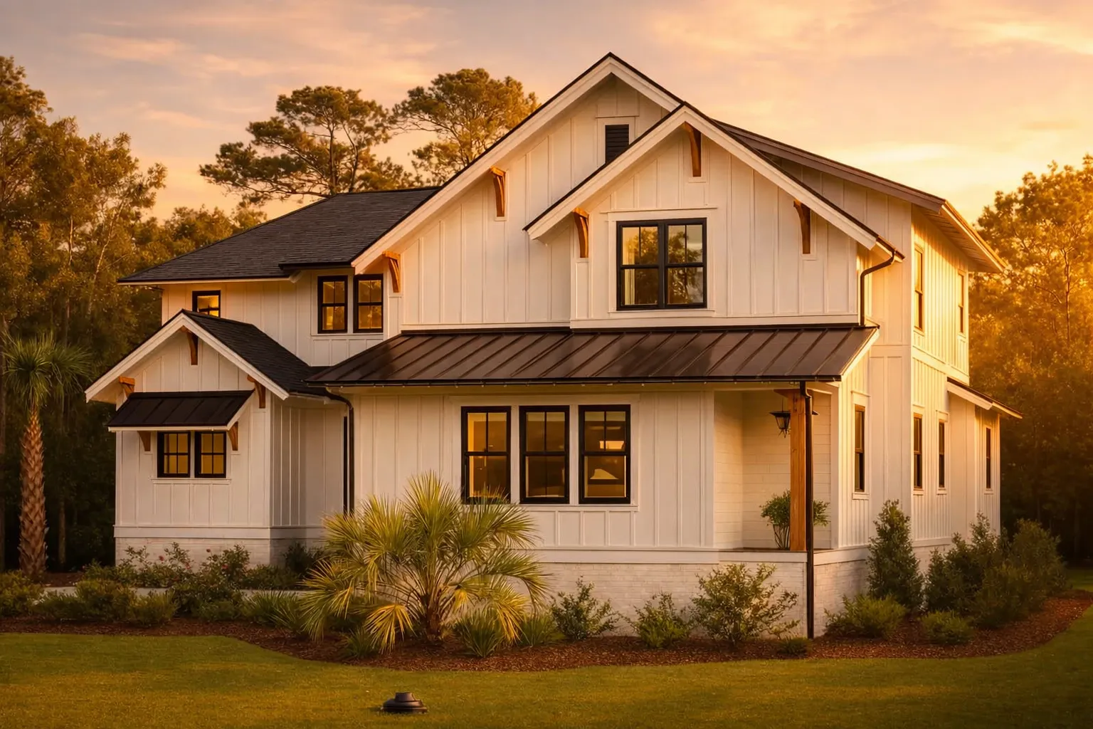Front exterior of a Modern Farmhouse style home featuring white board and batten siding, metal roof accents, Craftsman details, and a covered porch