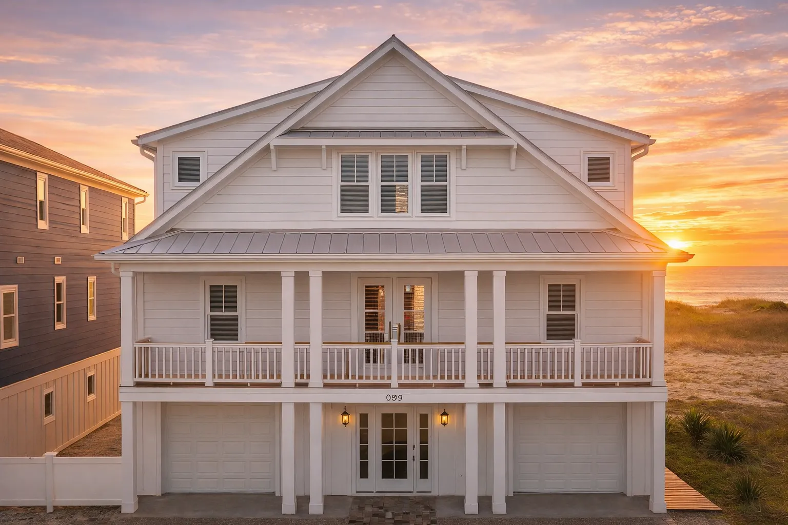 Front elevation of an elevated Coastal Beach House with blue lap siding, white trim, covered porches, and standing seam metal roof designed for seaside living
