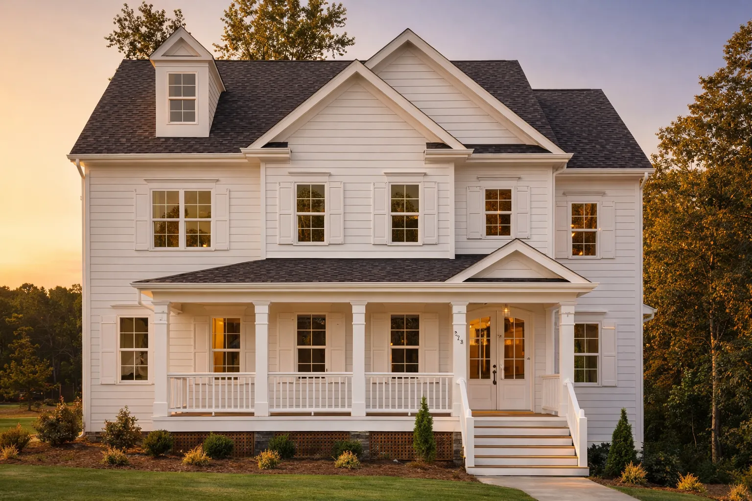 Bed and Bath Features 19 Front view of a Traditional Colonial style home with horizontal lap siding, brick foundation, black shutters, and covered front porch