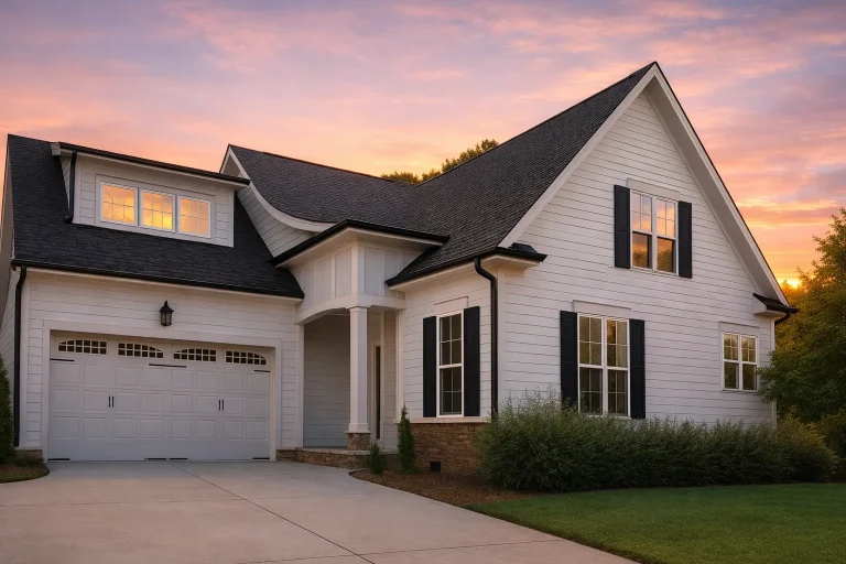 Front exterior of a New American modern traditional home with horizontal siding, brick accents, gabled rooflines, and attached garage