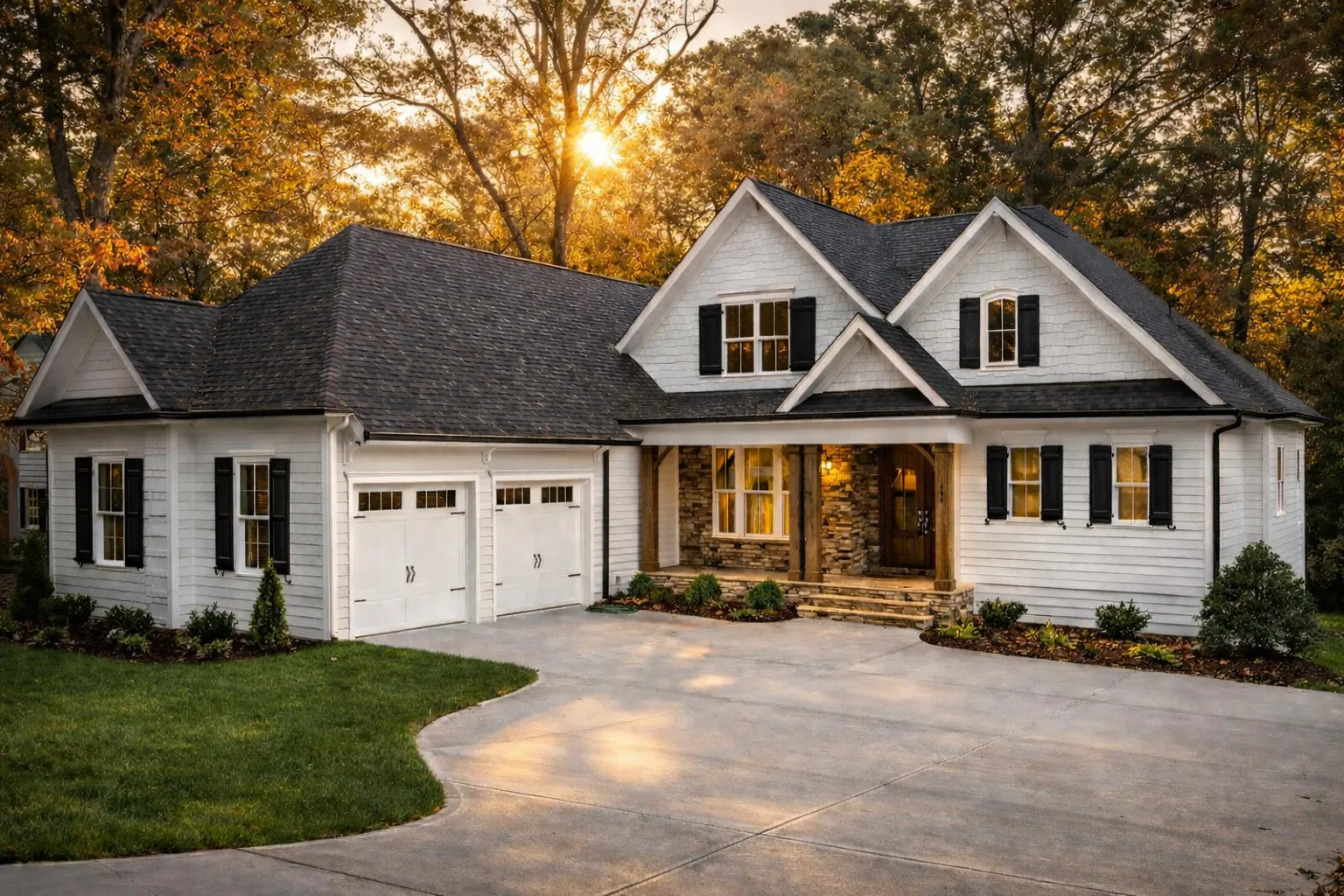 Front exterior of a New American Traditional style house featuring stone veneer, horizontal siding, gabled rooflines, and a welcoming covered entry