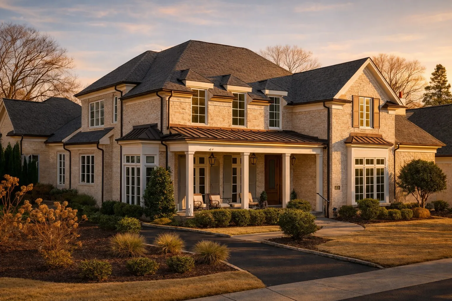 Front exterior of a Traditional Colonial style home featuring brick façade, symmetrical windows, and a columned covered porch