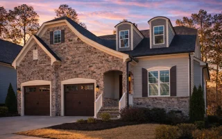 ModFront elevation of a French Country style home with stone exterior, curved roofline, dormer windows, and wood garage doorsern 2-Story House Plan with 4 Bedrooms & Flexible Living Areas