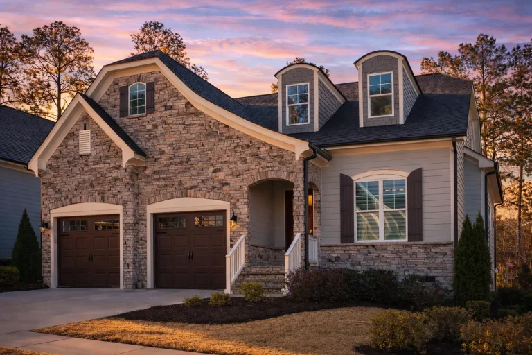 ModFront elevation of a French Country style home with stone exterior, curved roofline, dormer windows, and wood garage doorsern 2-Story House Plan with 4 Bedrooms & Flexible Living Areas