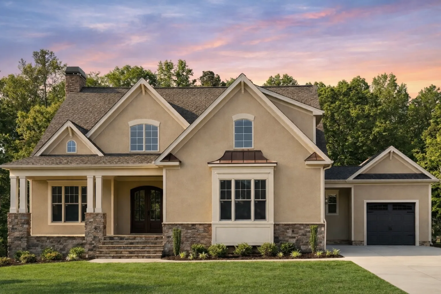 Front elevation of a New American Traditional style house featuring horizontal siding, stone veneer accents, gabled rooflines, and Craftsman-inspired details