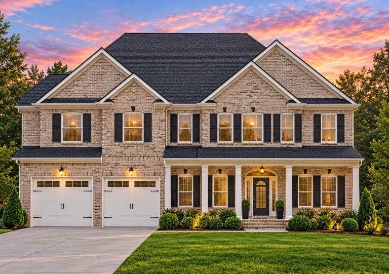 Front elevation of a New American Modern Traditional house with horizontal siding, symmetrical windows, and attached two-car garage