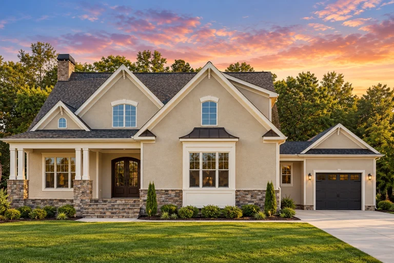 Front elevation of a New American Traditional style house featuring horizontal siding, stone veneer accents, gabled rooflines, and Craftsman-inspired details