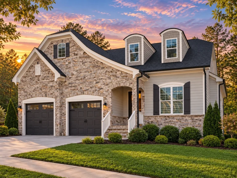 ModFront elevation of a French Country style home with stone exterior, curved roofline, dormer windows, and wood garage doorsern 2-Story House Plan with 4 Bedrooms & Flexible Living Areas