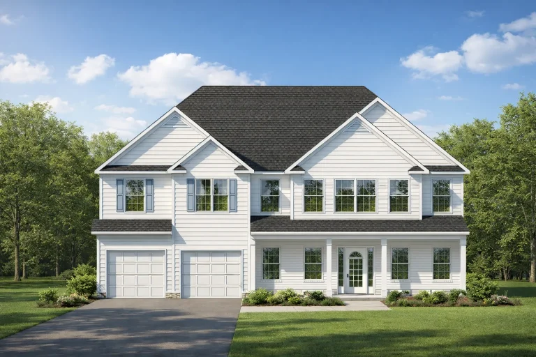 Front elevation of a New American Modern Traditional house with horizontal siding, symmetrical windows, and attached two-car garage