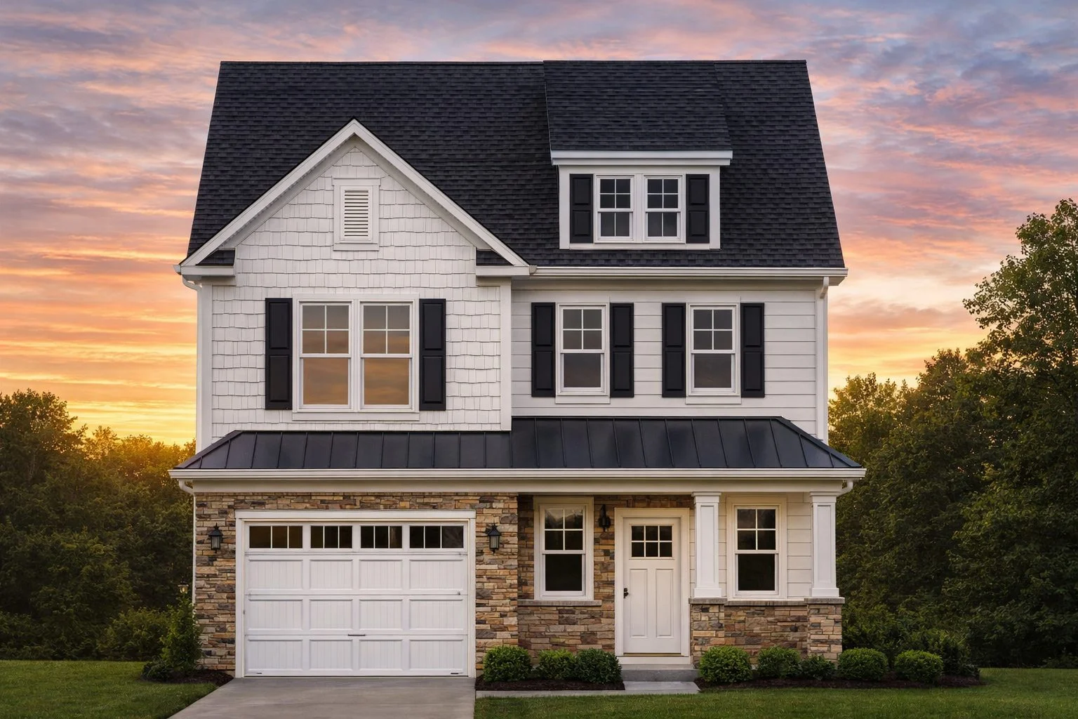 Front view of a Traditional Transitional style home with stone base, horizontal siding, and board and batten detailing on upper gables