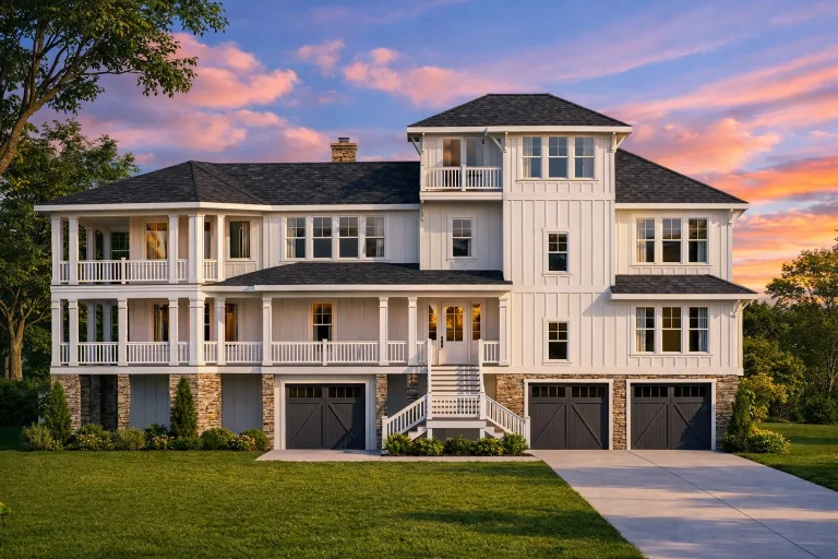 Front elevation of a Coastal Low Country style beach house with elevated design, wraparound porches, lap siding, stone base, and multiple balconies