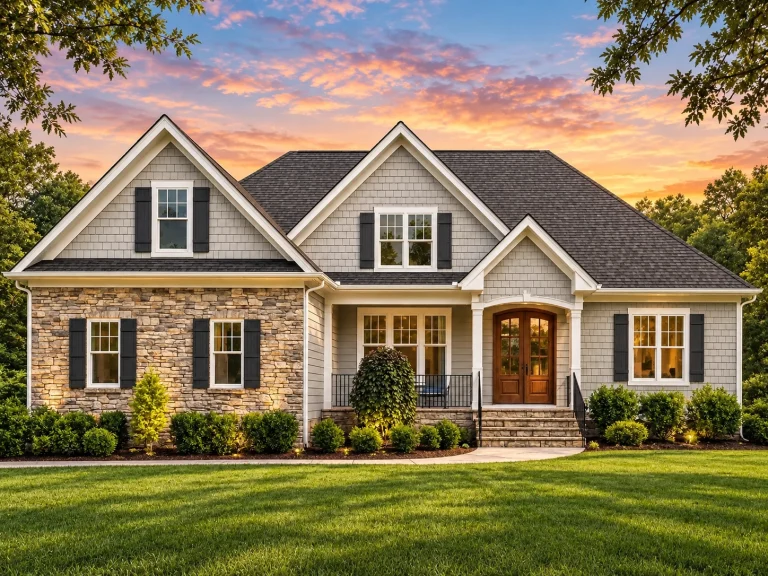 Front exterior view of a New American style home with stone veneer, horizontal siding, gabled rooflines, and covered entry porch