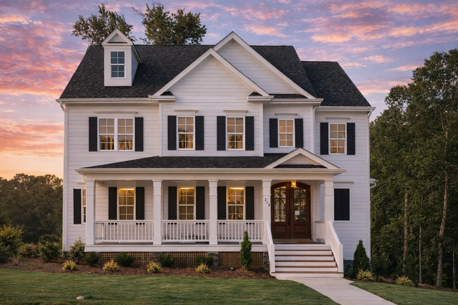 Front view of a Traditional Colonial style home with horizontal lap siding, brick foundation, black shutters, and covered front porch
