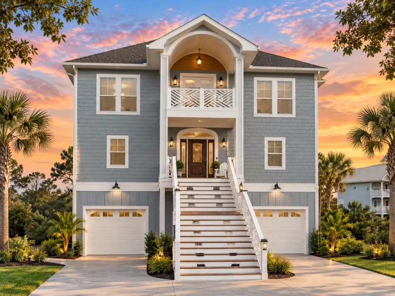 Front elevation of Coastal Traditional raised home with lap siding, central staircase, balcony, and dual garage bays