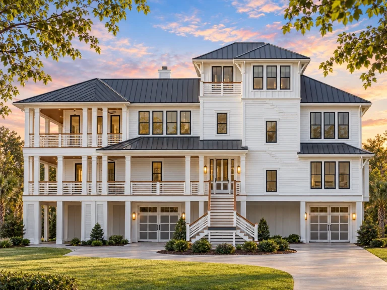 Front elevation of a Coastal Low Country style beach house with elevated design, wraparound porches, lap siding, stone base, and multiple balconies