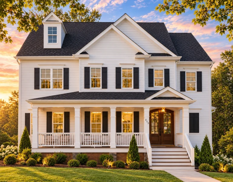 Front view of a Traditional Colonial style home with horizontal lap siding, brick foundation, black shutters, and covered front porch