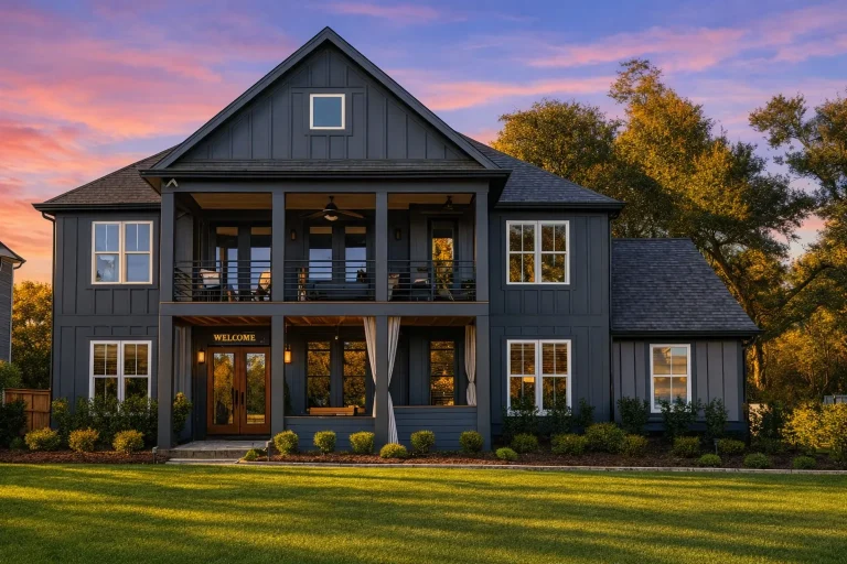 House Plans 24 Front exterior of a Modern Farmhouse style home featuring dark board and batten siding, covered porch, second-floor balcony, and symmetrical New American design