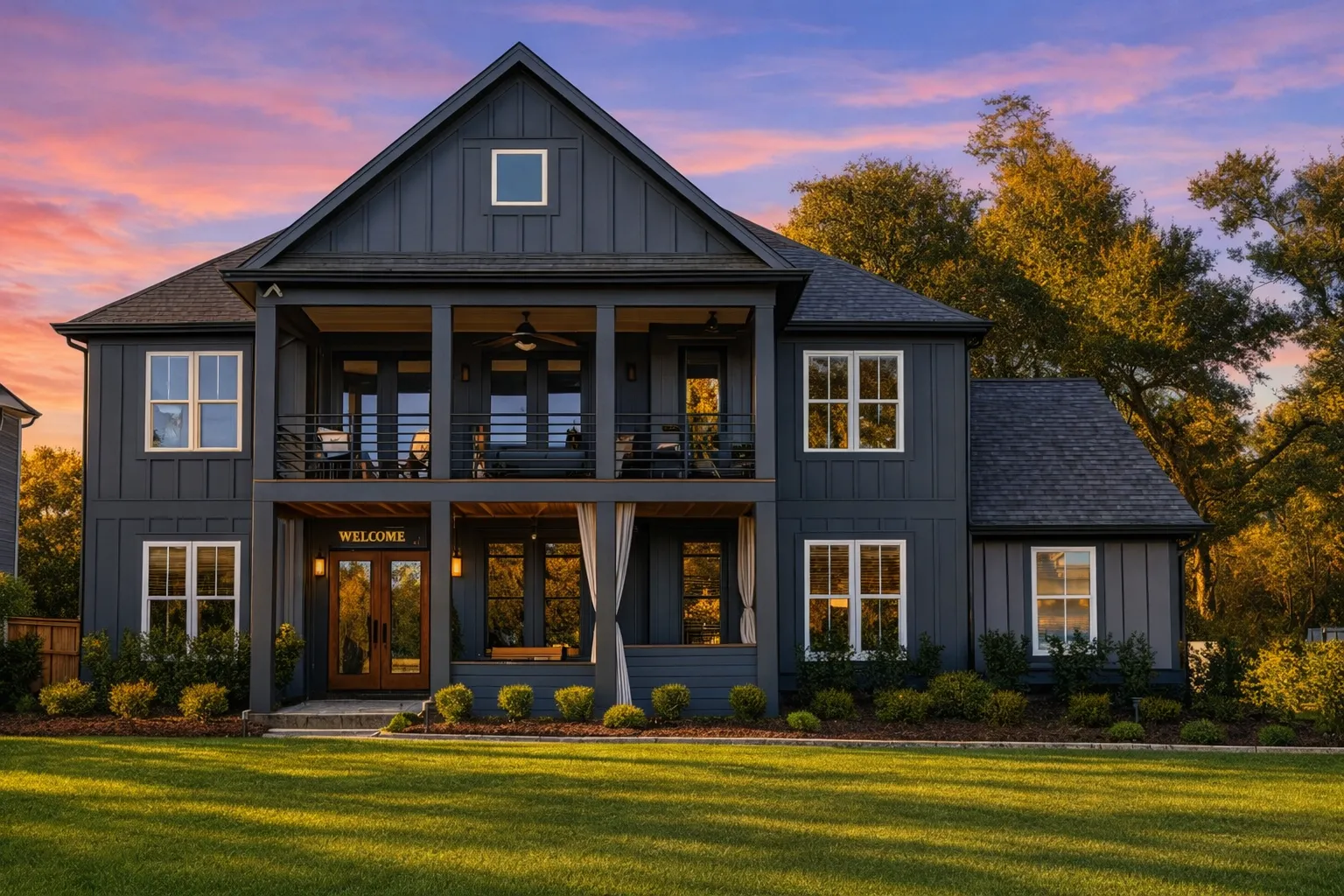 Front exterior of a Modern Farmhouse style home featuring dark board and batten siding, covered porch, second-floor balcony, and symmetrical New American design