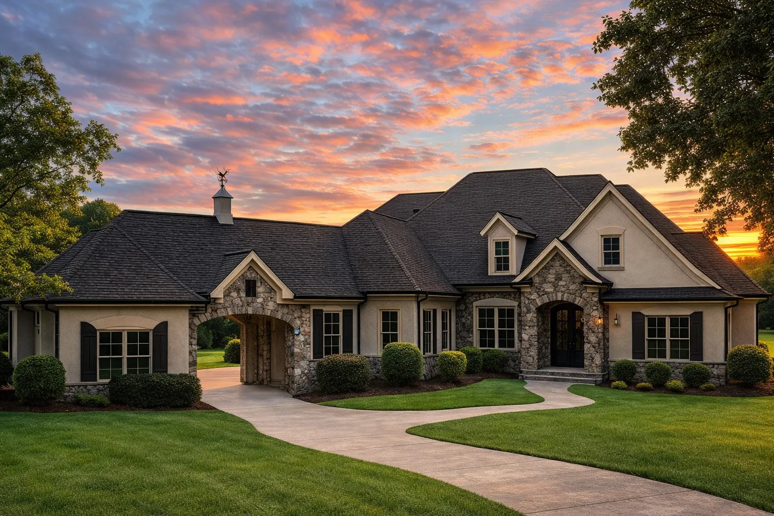 Front exterior of a French Country style home featuring stone and stucco exterior, steep hipped rooflines, arched entry, and manicured landscaping