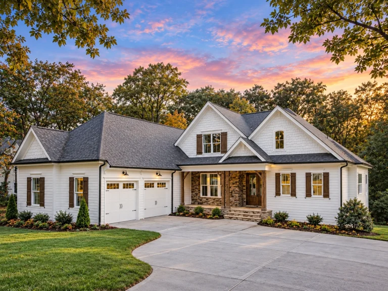 Modern Suburban House Plans 17 Front elevation of a Modern Farmhouse with board and batten siding, stone accents, gabled rooflines, and attached two-car garage
