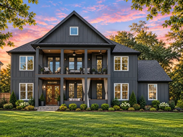 Front exterior of a Modern Farmhouse style home featuring dark board and batten siding, covered porch, second-floor balcony, and symmetrical New American design