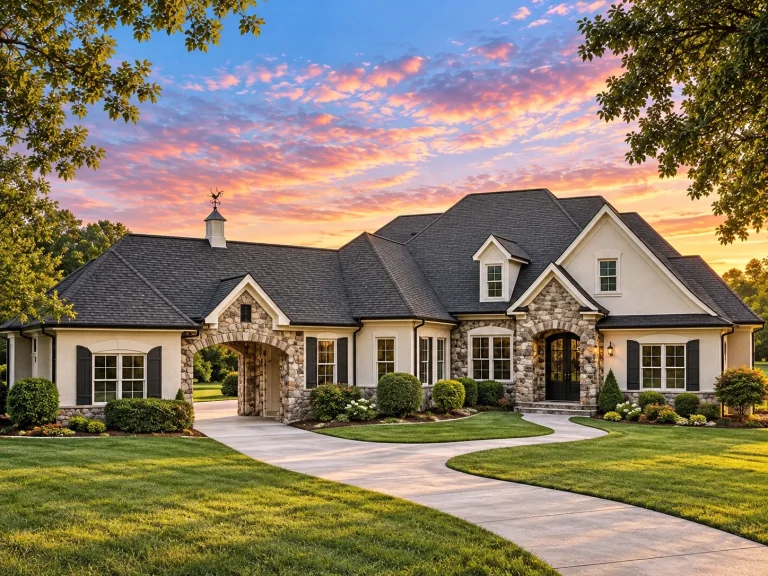 Front exterior of a French Country style home featuring stone and stucco exterior, steep hipped rooflines, arched entry, and manicured landscaping