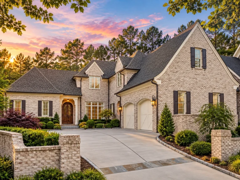 Front elevation of a Traditional Colonial style home with painted brick exterior, black shutters, and balanced two-story design