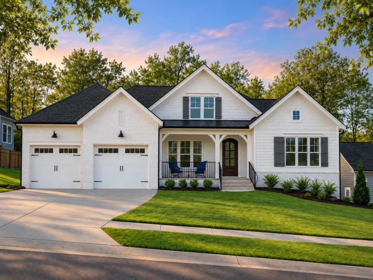 Ranch House Plans 6 Front exterior view of a New American Modern Traditional house with board and batten siding, stone accents, gabled rooflines, and an attached two-car garage