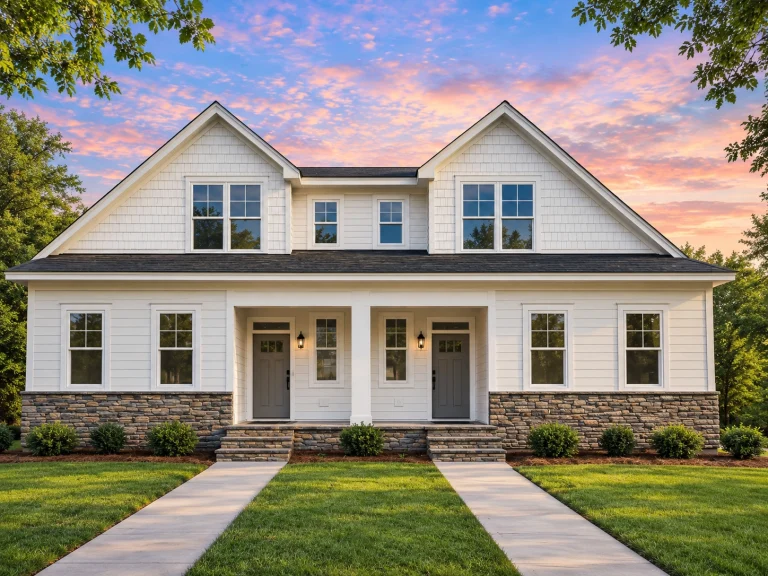 Front elevation of a Traditional Colonial Cape Cod style home with horizontal siding, stone base, and centered covered porch