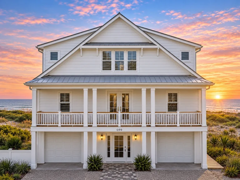 Front elevation of an elevated Coastal Beach House with blue lap siding, white trim, covered porches, and standing seam metal roof designed for seaside living