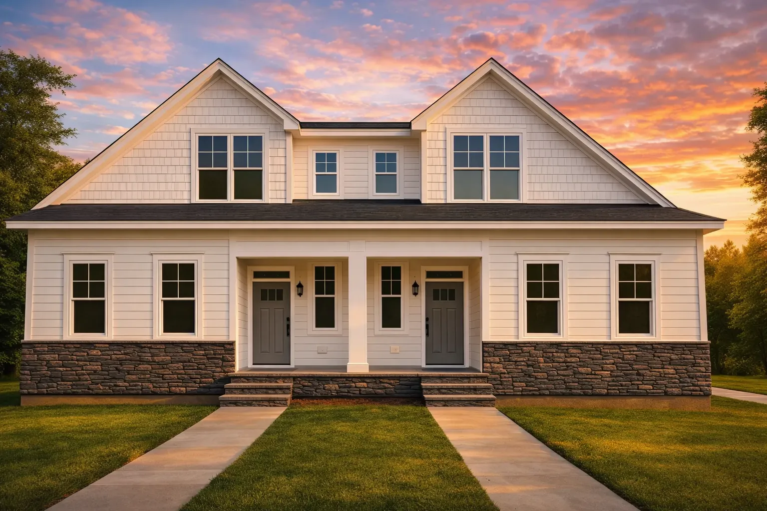 Front elevation of a Traditional Colonial Cape Cod style home with horizontal siding, stone base, and centered covered porch