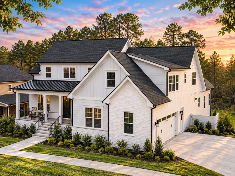 Front elevation of a modern farmhouse style home featuring white board and batten siding, brick accents, metal porch roof, and a welcoming covered front porch