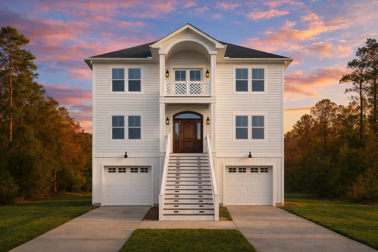 Front elevation of Coastal Traditional raised home with lap siding, central staircase, balcony, and dual garage bays