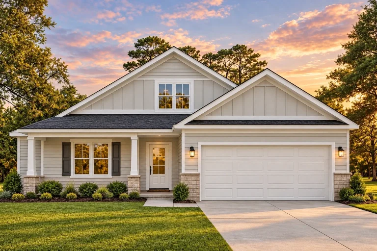 Front exterior of a Traditional Ranch style home with white horizontal lap siding, gable roof, covered front porch, and attached two-car garage