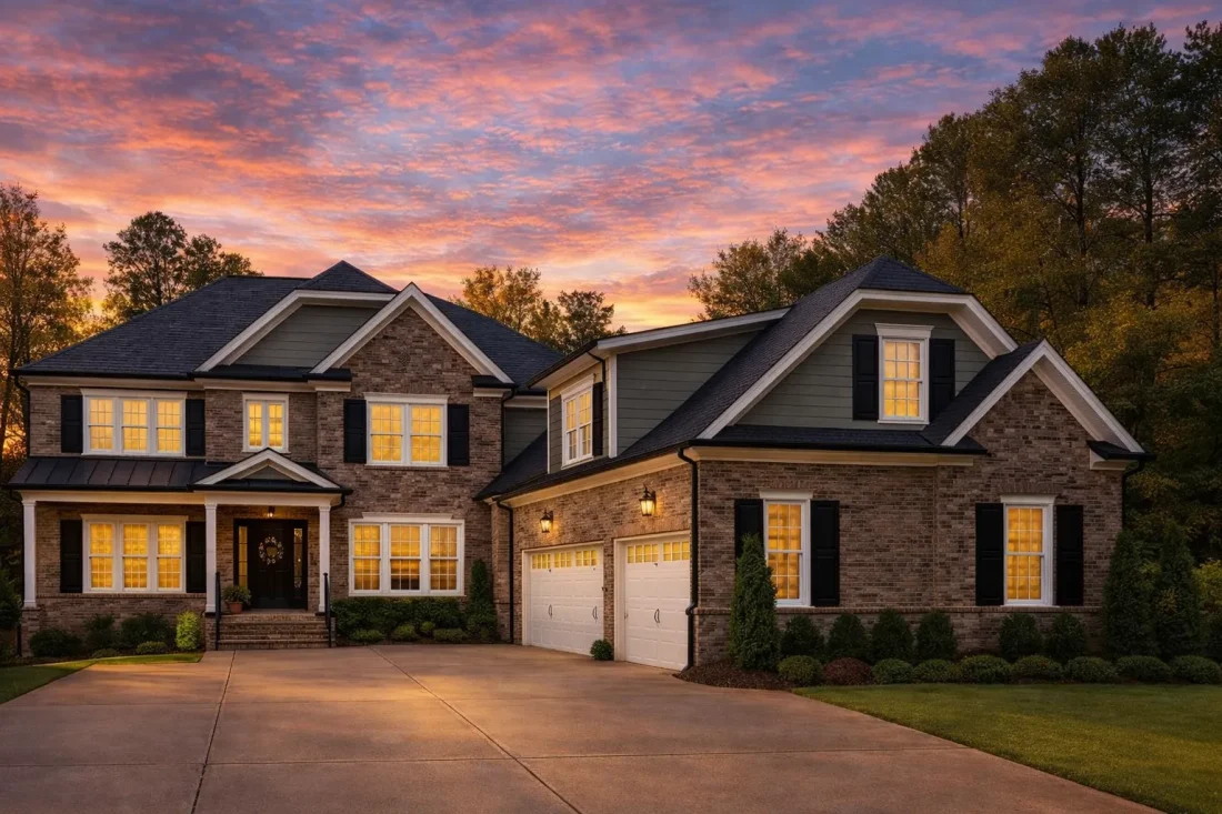 Front view of a Traditional Colonial Revival style home featuring a brick and stone exterior, gabled rooflines, and a three-car garage under a warm evening sky