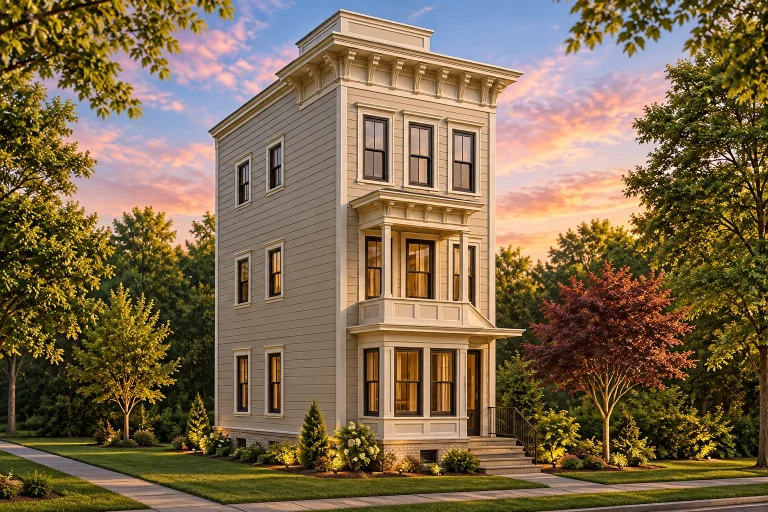 Front view of a narrow 3-story Italianate style home with horizontal siding, tall windows, and classic cornice detailing.