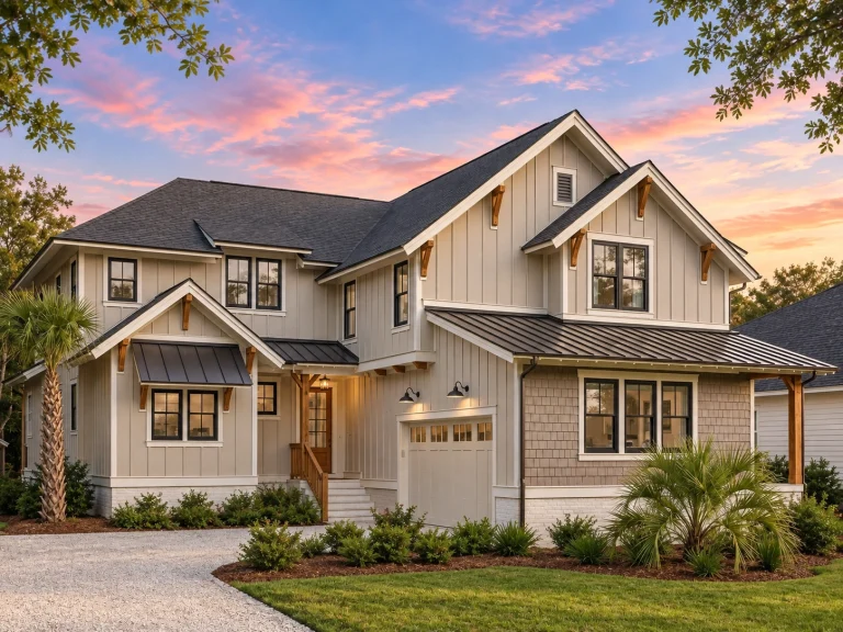 House Plans with Photos 9 Front exterior of a Modern Farmhouse style home featuring white board and batten siding, metal roof accents, Craftsman details, and a covered porch