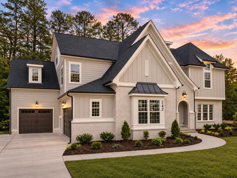 Front exterior of a New American Modern Traditional house featuring painted brick, board and batten siding, steep gables, and symmetrical window design